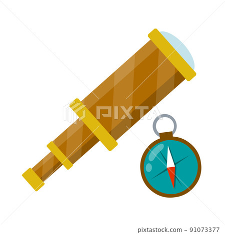 Telescope, compass. Retro objects for research. Telescope, compass. Retro objects for research. 91073377
