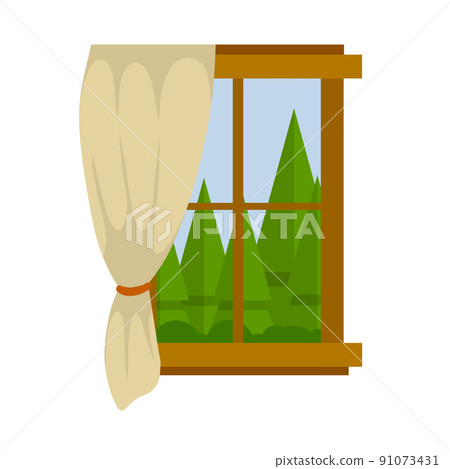 Window in a wooden frame with a curtain. Window in a wooden frame with a curtain. 91073431