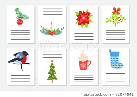 Set of Christmas greeting or invitation. Postcards with New Years symbols, Christmas tree, snowflakes, gifts, candy cane Set of Christmas greeting or invitation. Postcards with New Years symbols, Christmas tree, snowflakes, gifts, candy cane 91074041