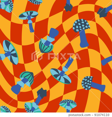 Magic psychedelic drug mushrooms seamless pattern. Psychedelic hallucination. 60-70s hippie colorful art. Vintage psychedelic textile Magic psychedelic drug mushrooms seamless pattern. Psychedelic hallucination. 60-70s hippie colorful art. Vintage psychedelic textile 91074110