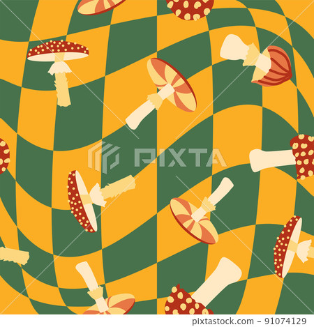 Magic psychedelic drug mushrooms seamless pattern. Psychedelic hallucination. 60-70s hippie colorful art. Vintage psychedelic textile Magic psychedelic drug mushrooms seamless pattern. Psychedelic hallucination. 60-70s hippie colorful art. Vintage psychedelic textile 91074129