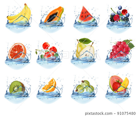 Big collection of fruit in a water splash. Raspberry, papaya, blackberry, blueberry, banana, orange, watermelon, grape, guava, strawberry, kiwi. Vector Set. Big collection of fruit in a water splash. Raspberry, papaya, blackberry, blueberry, banana, orange, watermelon, grape, guava, strawberry, kiwi. Vector Set. 91075480