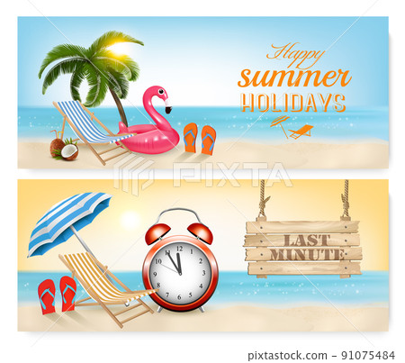 Tropical island with palms, a beach chair and a ocean. Last Minute. Alarm clock in Tropical Beach. Vacation vector banners. Tropical island with palms, a beach chair and a ocean. Last Minute. Alarm clock in Tropical Beach. Vacation vector banners. 91075484