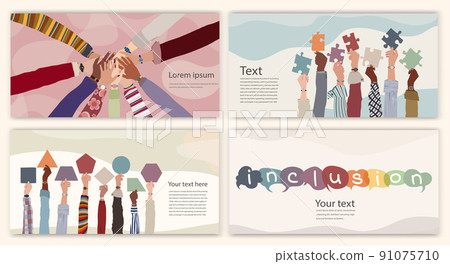 Diversity inclusion and equality concept. Group of multicultural men and women. People of diverse cultures. Hands circle. Editable banner brochure template leaflet cover poster. Hand up 91075710
