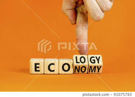 Ecology or economy symbol. Businessman turns wooden cubes and changes the concept word Economy to Ecology. Beautiful orange table orange background. Business ecology or economy concept. Copy space. 91075783