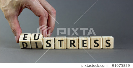 Eustress or distress symbol. Psychologist turns cubes and changes the concept word Eustress to Distress. Beautiful grey table grey background, copy space. Psychlogical distress or eustress concept. Eustress or distress symbol. Psychologist turns cubes and changes the concept word Eustress to Distress. Beautiful grey table grey background, copy space. Psychlogical distress or eustress concept. 91075829