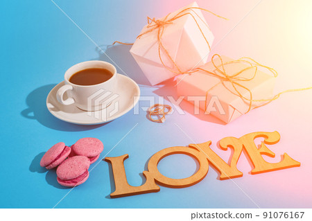 Valentine's day greeting card. White coffee cup, pink macaroons Valentine's day greeting card. White coffee cup, pink macaroons 91076167