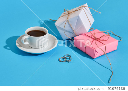 Valentine's day greeting card. White coffee cup and gift boxes o Valentine's day greeting card. White coffee cup and gift boxes o 91076186