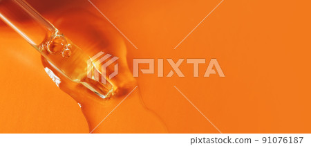 Pipette with transparent fluid hyaluronic acid or serum. Cosmetics, science and healthcare concept closeup. Dose of serum or retinol. Front view, high angle shot. Beauty product closeup, banner Pipette with transparent fluid hyaluronic acid or serum. Cosmetics, science and healthcare concept closeup. Dose of serum or retinol. Front view, high angle shot. Beauty product closeup, banner 91076187