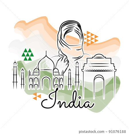 Colored india travel promotion with taj mahal building and a girl Vector Colored india travel promotion with taj mahal building and a girl Vector 91076188