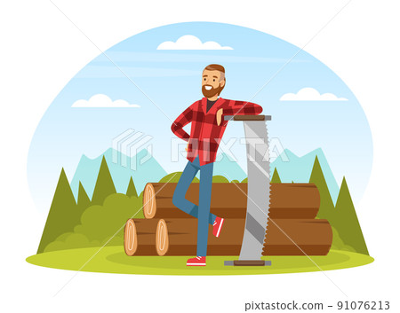 Bearded Man Lumberjack or Woodman in Red Checkered Shirt with Saw Standing Near Piled Logs Vector Illustration 91076213