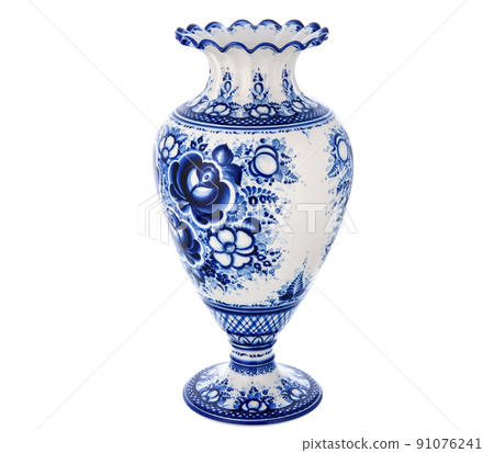Cobalt Blue Porcelain Ceramic Vase Isolated on white. Traditional folk painting with pattern. Decor for interior design 91076241