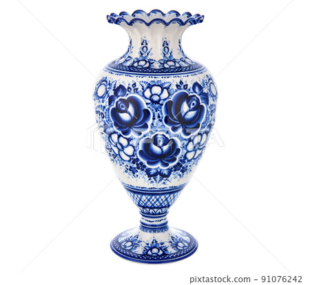 Cobalt Blue Porcelain Ceramic Vase Isolated on white. Traditional folk painting with pattern. Decor for interior design Cobalt Blue Porcelain Ceramic Vase Isolated on white. Traditional folk painting with pattern. Decor for interior design 91076242