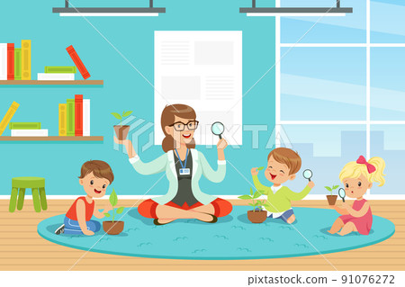 Little Children with Female Teacher Having Botany Lesson Examining Plant in Flowerpot Sitting on Floor During Class Vector Illustration 91076272