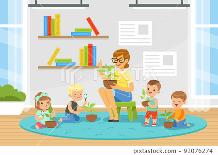 Little Children with Female Teacher Having Botany Lesson Examining Plant in Flowerpot Sitting on Floor During Class Vector Illustration Little Children with Female Teacher Having Botany Lesson Examining Plant in Flowerpot Sitting on Floor During Class Vector Illustration 91076274