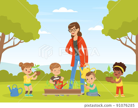 Little Children with Female Teacher Having Botany Lesson Watering Plant Vector Illustration Little Children with Female Teacher Having Botany Lesson Watering Plant Vector Illustration 91076285