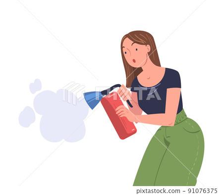 Woman with Fire Extinguisher Trying to Stop Flame Burning in Emergency Situation Vector Illustration Woman with Fire Extinguisher Trying to Stop Flame Burning in Emergency Situation Vector Illustration 91076375