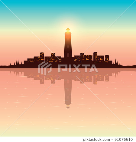 marine life lighthouse seascape on city background 91076610