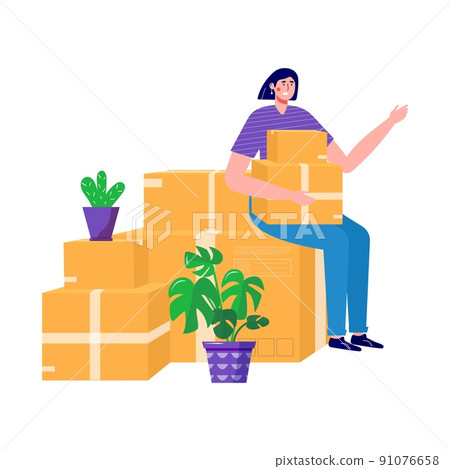 Woman moves new home, house. People moving and collect supplies in boxes. Person cartoon characters packing belongings. Young couple unpacking concept, delivery, relocation, move box. Woman moves new home, house. People moving and collect supplies in boxes. Person cartoon characters packing belongings. Young couple unpacking concept, delivery, relocation, move box. 91076658