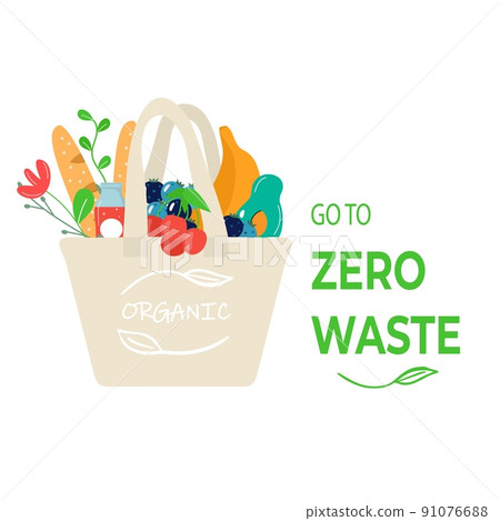 Eco shopping bag with vegetables, fruits and healthy drinks. Dairy food in reusable eco friendly shopper net. Zero waste, plastic free concept. Flat trendy design 91076688