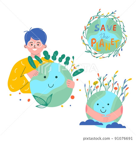 World environment day. Happy Earth Day! Ecology, recycle, zero waste vector illustration. Eco badges , nature plant. Design for shopping bag, t-shirt, apparel, clothes, banner. Save planet. World environment day. Happy Earth Day! Ecology, recycle, zero waste vector illustration. Eco badges , nature plant. Design for shopping bag, t-shirt, apparel, clothes, banner. Save planet. 91076691