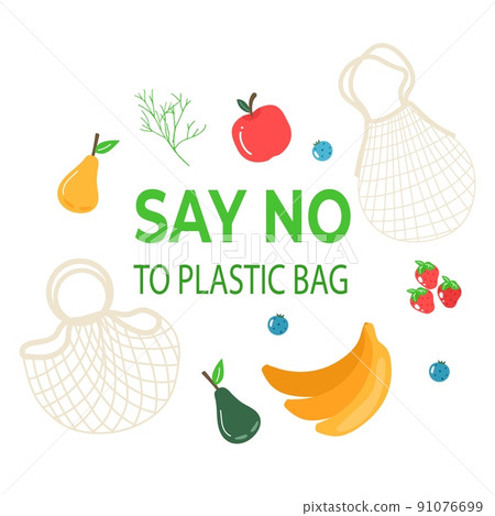 Eco shopping bag with vegetables, fruits. Dairy food in reusable eco friendly shopper net. Zero waste concept. Flat trendy design. Say no to plastic bag. 91076699