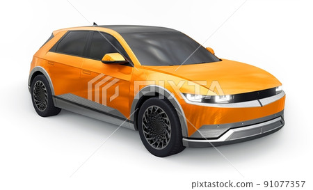 Ultra progressive electric hatchback SUV for people who love technology. Orange car on a white isolated background. 3d illustration. Ultra progressive electric hatchback SUV for people who love technology. Orange car on a white isolated background. 3d illustration. 91077357
