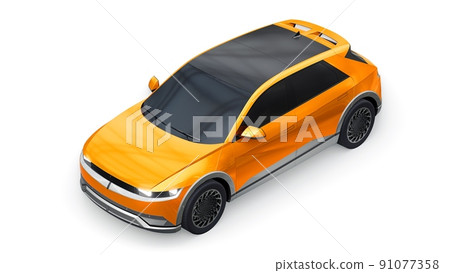 Ultra progressive electric hatchback SUV for people who love technology. Orange car on a white isolated background. 3d illustration. Ultra progressive electric hatchback SUV for people who love technology. Orange car on a white isolated background. 3d illustration. 91077358