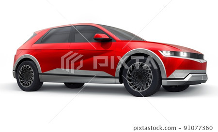 Ultra progressive electric hatchback SUV for people who love technology. Red car on a white isolated background. 3d illustration. 91077360