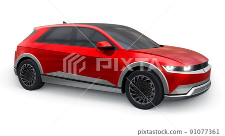 Ultra progressive electric hatchback SUV for people who love technology. Red car on a white isolated background. 3d illustration. Ultra progressive electric hatchback SUV for people who love technology. Red car on a white isolated background. 3d illustration. 91077361