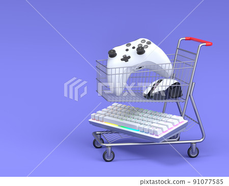 Gamer workspace and gear like mouse, keyboard, joystick in shopping carts 91077585