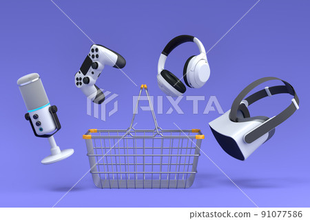 Flying gamer gears like VR glasses, keyboard, controllers and microphone 91077586