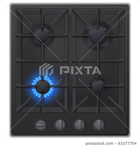 Realistic black gas stove top view. Realistic kitchen appliance. Realistic black gas stove top view. Realistic kitchen appliance. 91077704