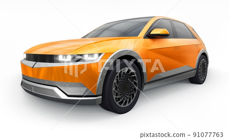 Ultra progressive electric hatchback SUV for people who love technology. Orange car on a white isolated background. 3d illustration. Ultra progressive electric hatchback SUV for people who love technology. Orange car on a white isolated background. 3d illustration. 91077763