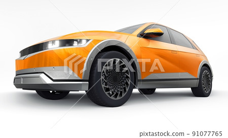 Ultra progressive electric hatchback SUV for people who love technology. Orange car on a white isolated background. 3d illustration. 91077765