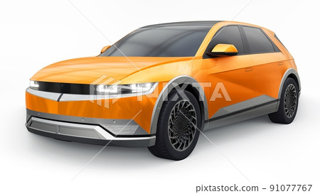 Ultra progressive electric hatchback SUV for people who love technology. Orange car on a white isolated background. 3d illustration. Ultra progressive electric hatchback SUV for people who love technology. Orange car on a white isolated background. 3d illustration. 91077767