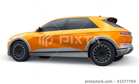 Ultra progressive electric hatchback SUV for people who love technology. Orange car on a white isolated background. 3d illustration. Ultra progressive electric hatchback SUV for people who love technology. Orange car on a white isolated background. 3d illustration. 91077769