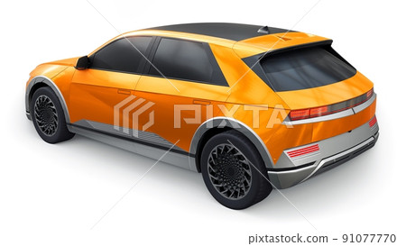 Ultra progressive electric hatchback SUV for people who love technology. Orange car on a white isolated background. 3d illustration. Ultra progressive electric hatchback SUV for people who love technology. Orange car on a white isolated background. 3d illustration. 91077770