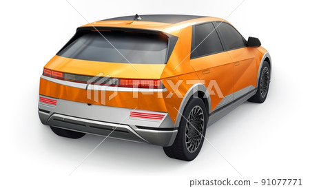 Ultra progressive electric hatchback SUV for people who love technology. Orange car on a white isolated background. 3d illustration. Ultra progressive electric hatchback SUV for people who love technology. Orange car on a white isolated background. 3d illustration. 91077771
