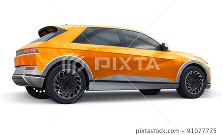 Ultra progressive electric hatchback SUV for people who love technology. Orange car on a white isolated background. 3d illustration. Ultra progressive electric hatchback SUV for people who love technology. Orange car on a white isolated background. 3d illustration. 91077775