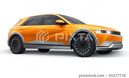 Ultra progressive electric hatchback SUV for people who love technology. Orange car on a white isolated background. 3d illustration. 91077776