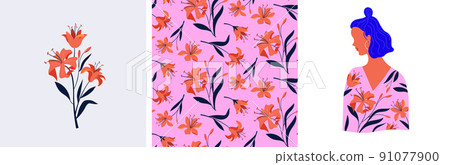 Feminine fashion concept illustration, beautiful women wearing dresses with floral patterns Feminine fashion concept illustration, beautiful women wearing dresses with floral patterns 91077900