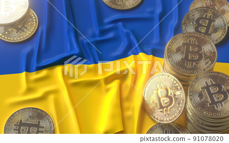 Flag of Ukraine and bitcoin coins or tokens, cryptocurrency related 3D rendering 91078020