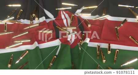 Many bullets on the flag of Kenya. Gun control or war related conceptual 3D rendering Many bullets on the flag of Kenya. Gun control or war related conceptual 3D rendering 91078111