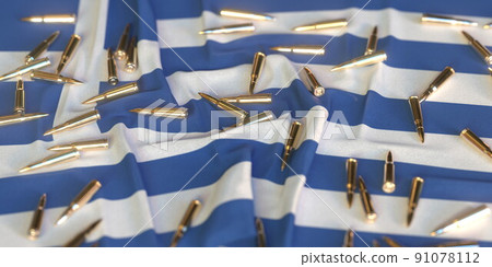 Scattered bullets on the flag of Greece. Firearms regulation or army related conceptual 3D rendering Scattered bullets on the flag of Greece. Firearms regulation or army related conceptual 3D rendering 91078112