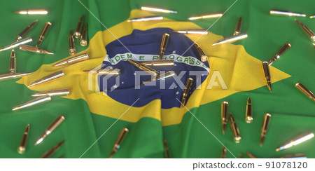 Flag of Brazil and bullets. Weapons or ammo market and laws related conceptual 3D rendering Flag of Brazil and bullets. Weapons or ammo market and laws related conceptual 3D rendering 91078120