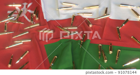 Scattered bullets on the flag of Oman. Firearms regulation or army related conceptual 3D rendering 91078144