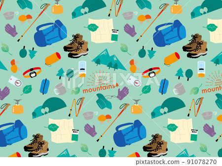 無縫圖案鑲嵌登山裝備（綠色背景） 91078270