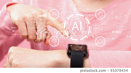 AI concept with woman pressing smart watch AI concept with woman pressing smart watch 91078434