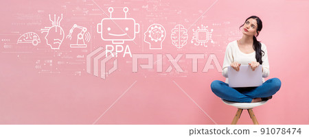 Robotic Process Automation theme with woman using a laptop 91078474